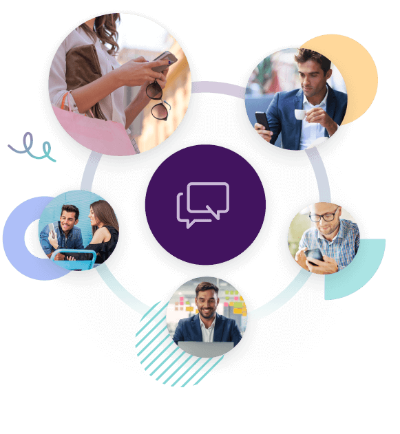 Zentrales Chat-Symbol verbindet verschiedene Menschen und mobile Kommunikationssituationen.