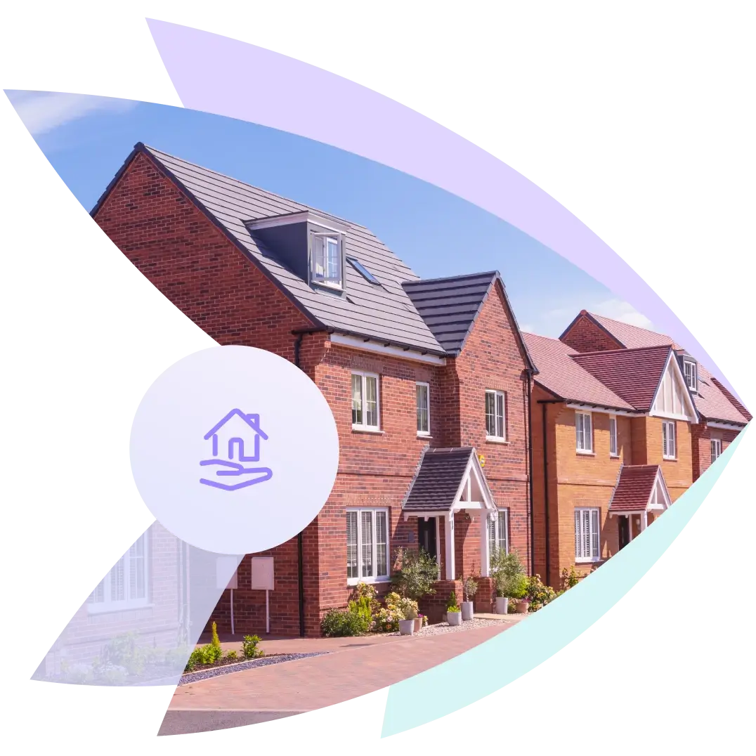 Moderne Reihenhäuser mit Haus-Icon als Symbol für Mobile Messaging im Wohnungswesen.