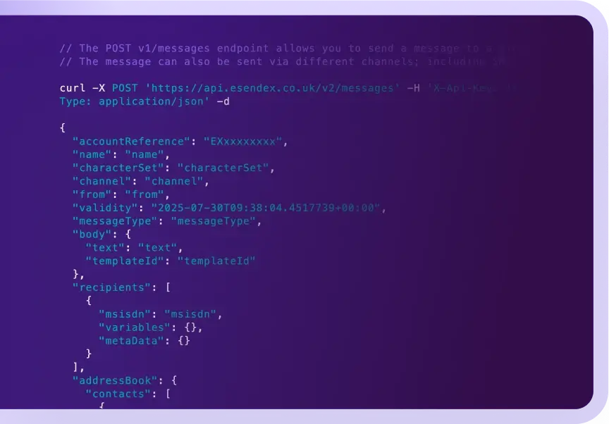 Dunkles Codefenster mit API-Anfrage und JSON-Daten auf violettem Hintergrund.