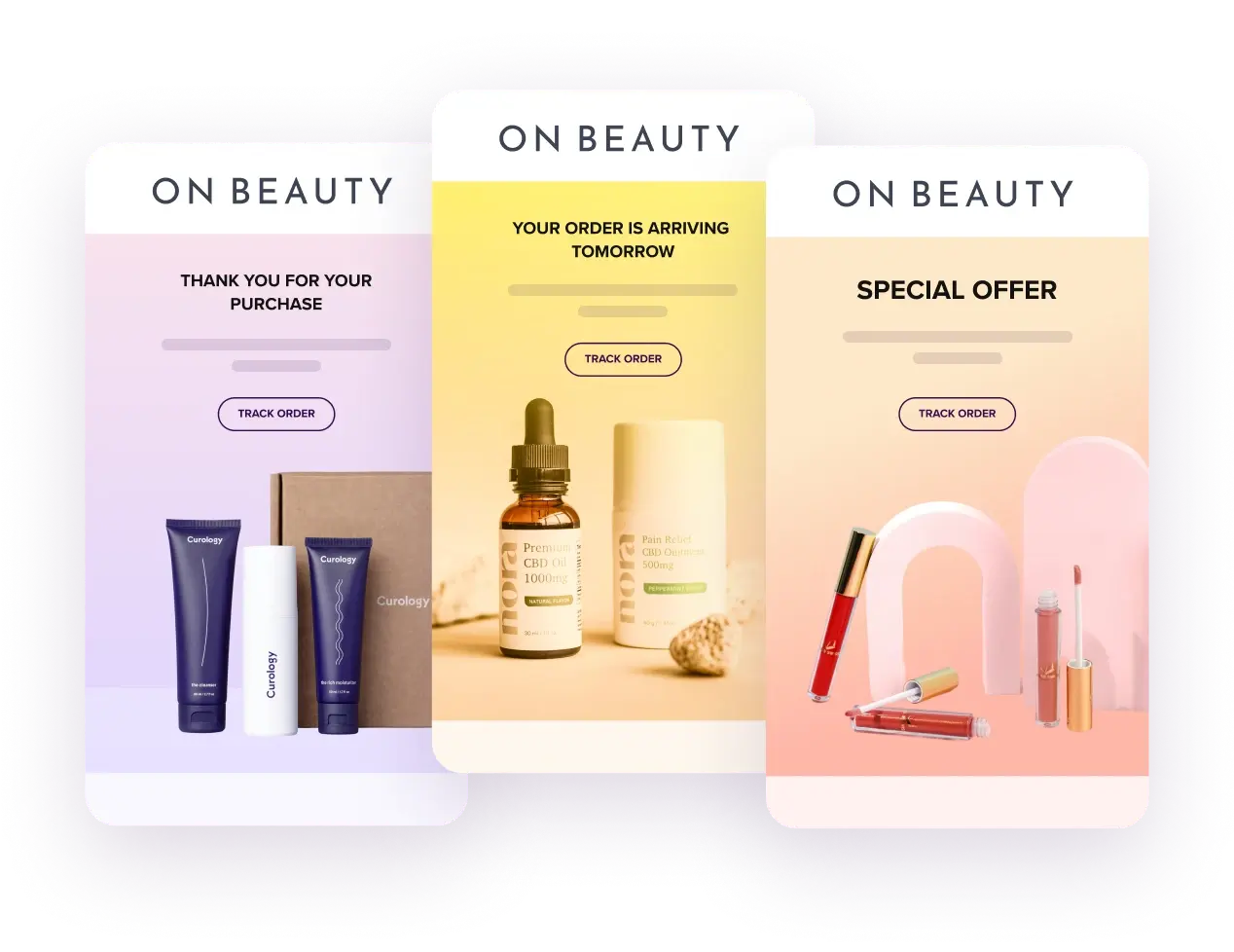 Drei Beauty-Nachrichten mit Kaufbest&auml;tigung, Lieferhinweis und Sonderangebot.