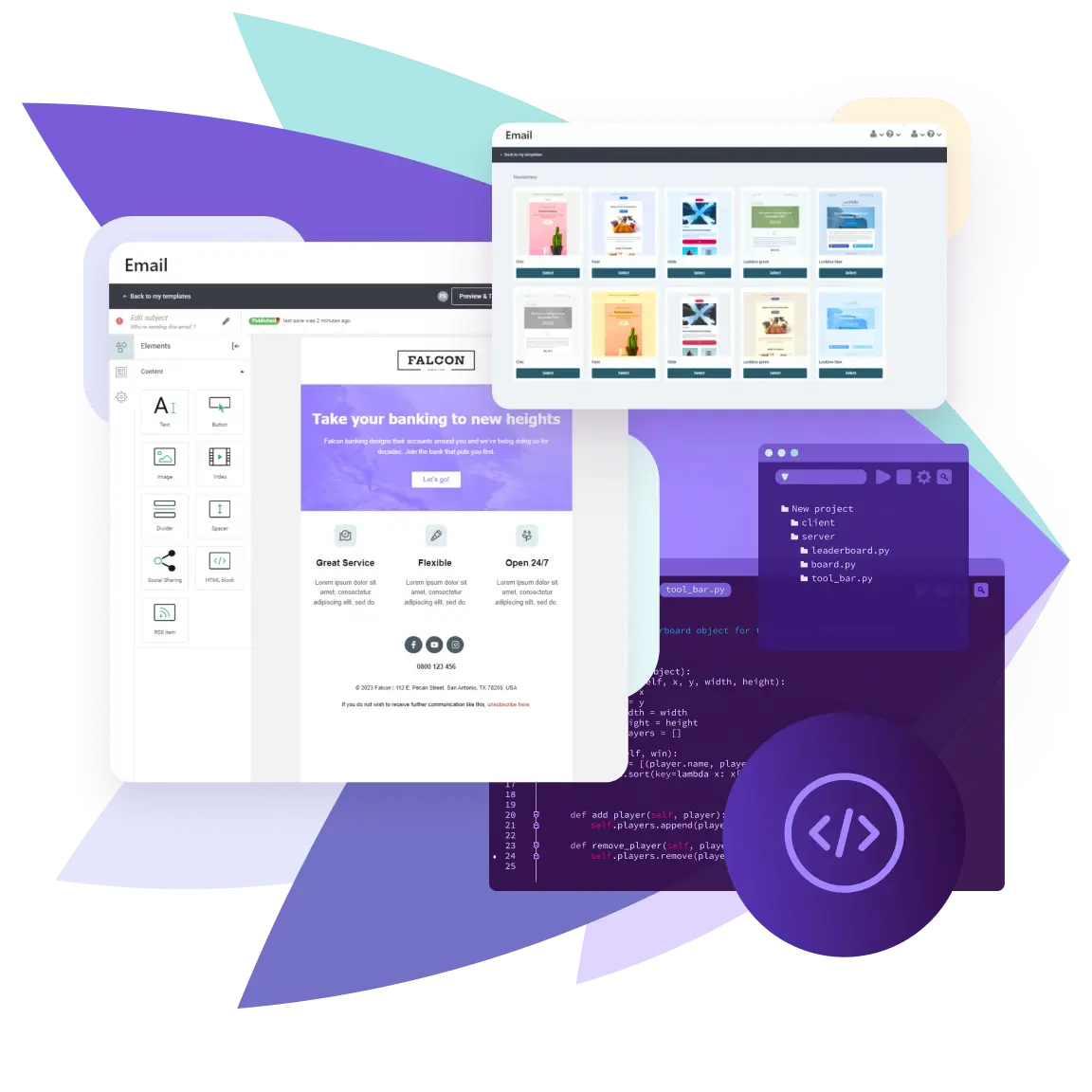 E-Mail API Editor mit Vorlagen&uuml;bersicht, Codefenstern und Entwickler-Symbol.