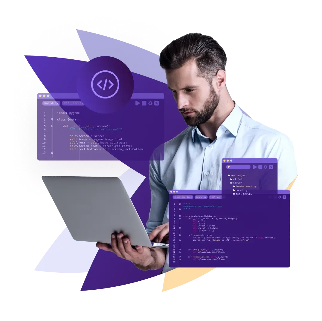 Mann arbeitet am Laptop vor violettem Hintergrund mit Codefenstern der Messaging API.