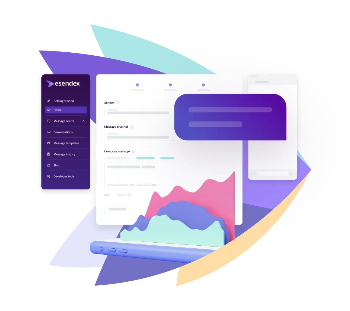 Esendex-Dashboard mit Nachrichtenformular, Chatblase und Analysediagramm