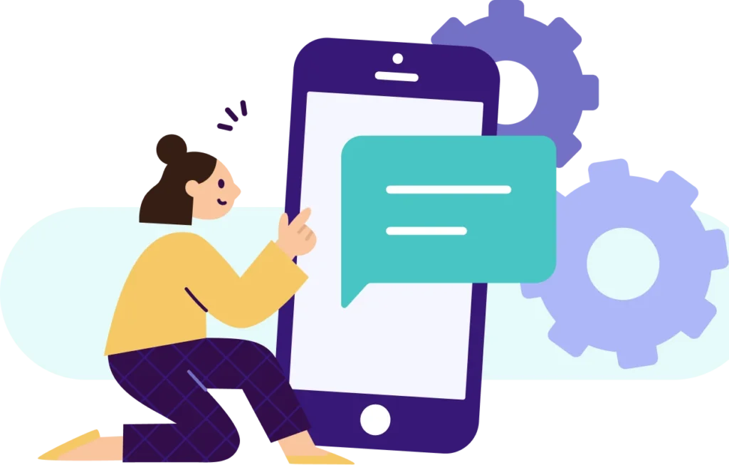 Illustration einer Frau mit Smartphone, Chatblase und Einstellungs-Zahnr&auml;dern. 