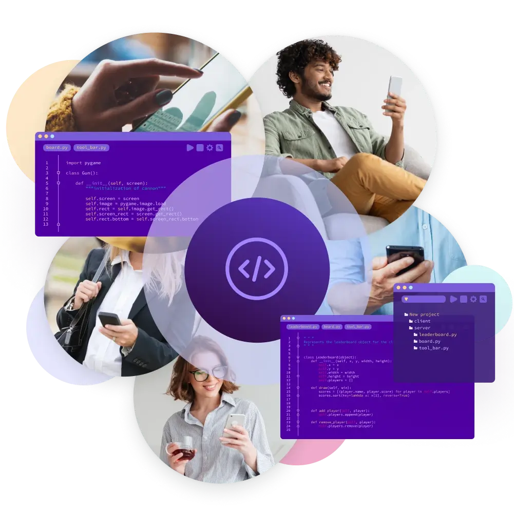 Collage mit Smartphone-Nutzern, Codefenstern und Symbol für Multichannel API.