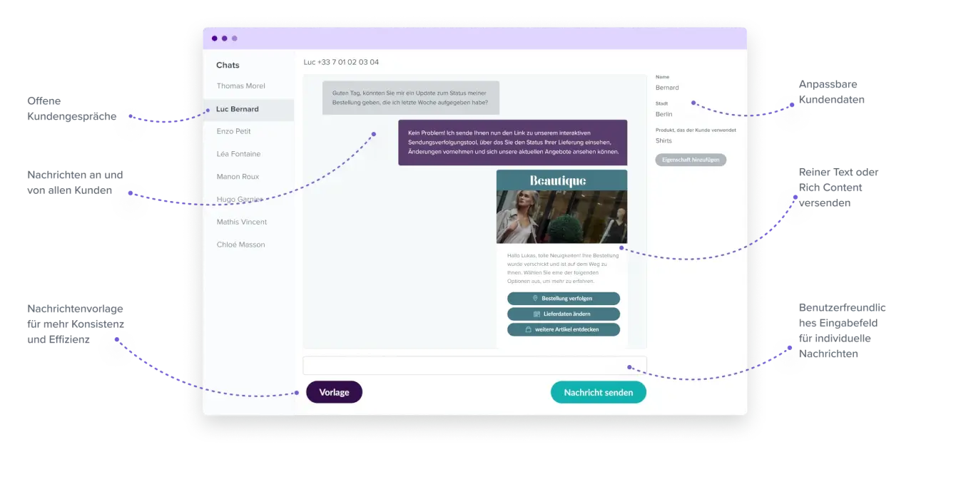 Omnichannel Chat-Dashboard mit Kundengespr&auml;chen, Rich-Content-Karte und anpassbaren Kundendaten.
