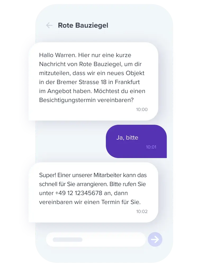 Smartphone-Chat mit automatisierten Nachrichten zur Terminvereinbarung für eine Immobilienbesichtigung.