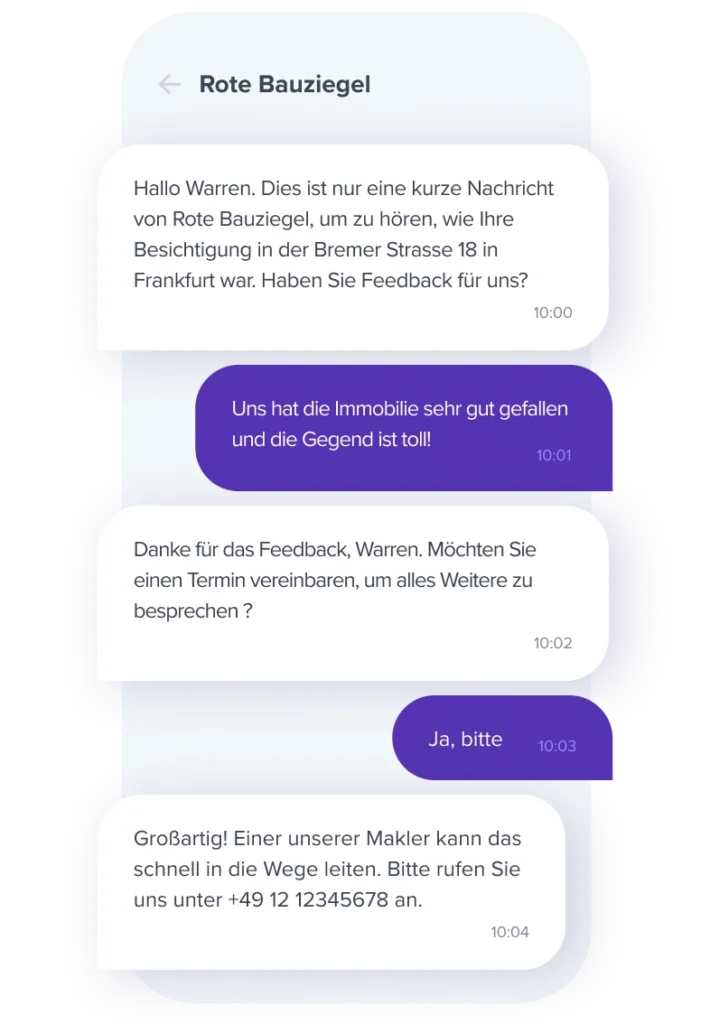 Smartphone-Chat mit Feedback zu einer Immobilienbesichtigung und anschließender Terminvereinbarung.
