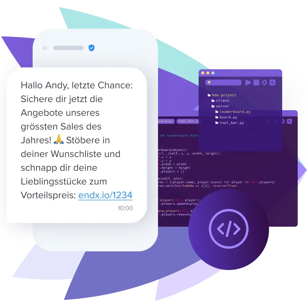Marketing-SMS mit Angebotslink vor violettem Hintergrund mit SMS API-Code.