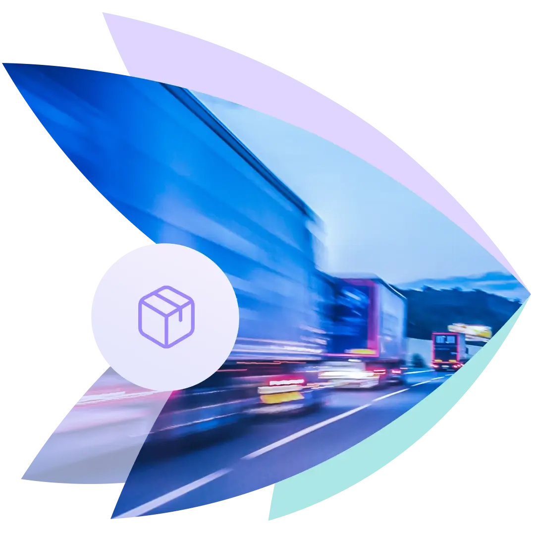 Lkw auf Autobahn mit Paket-Icon als Symbol für Transport und Logistik.