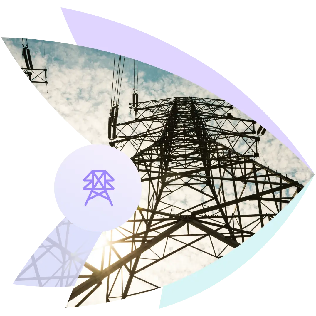 Hochspannungsmast mit violettem Stromnetz-Icon für Mobile Messaging in der Versorgungsbranche.