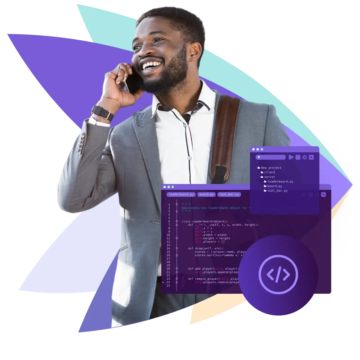 Mann im Anzug telefoniert über Voice API, daneben Codefenster und Entwickler-Symbol.