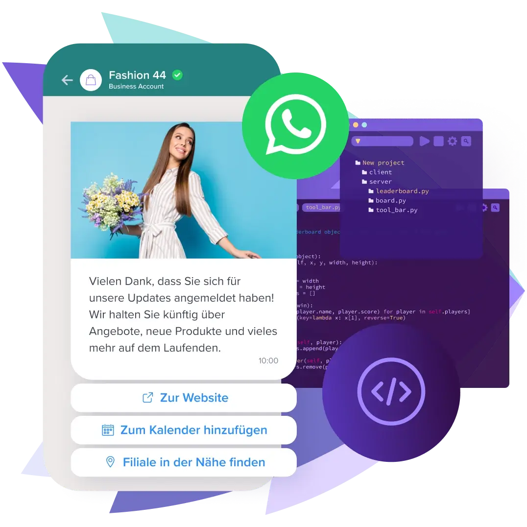 Nachricht über WhatsApp Business API mit CTAs und Codefenster im Hintergrund.