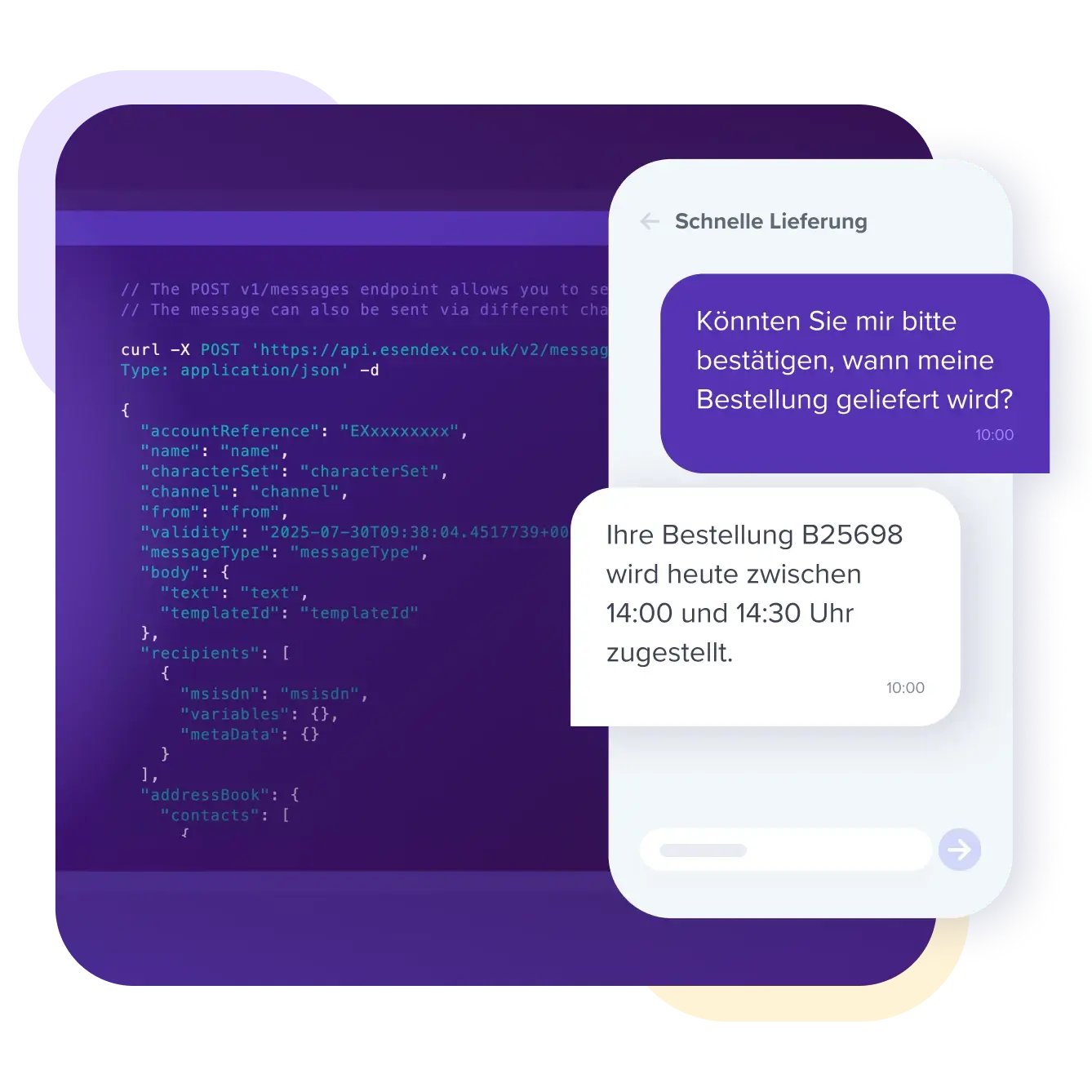 Smartphone mit Chat zur Lieferstatus-Anfrage und API-Code im Hintergrund.
