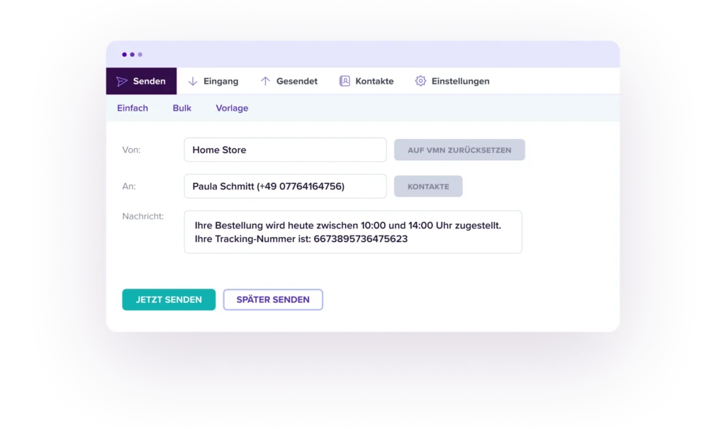 Versandportal f&uuml;r Massen-SMS mit Lieferzeit, Trackingnummer und Empf&auml;ngerangaben.