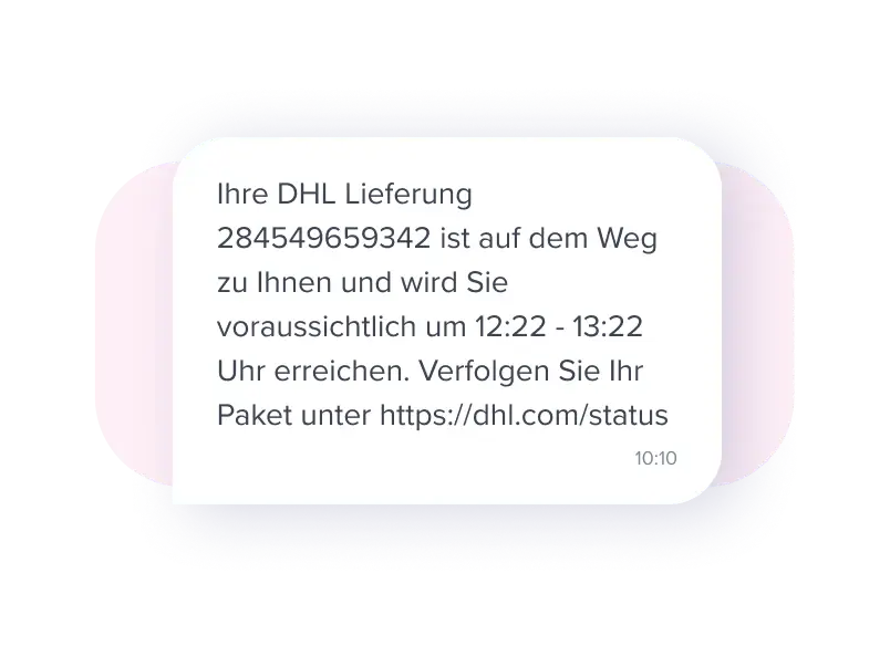 SMS informiert &uuml;ber eine DHL-Lieferung mit voraussichtlichem Zeitfenster und Tracking-Link.