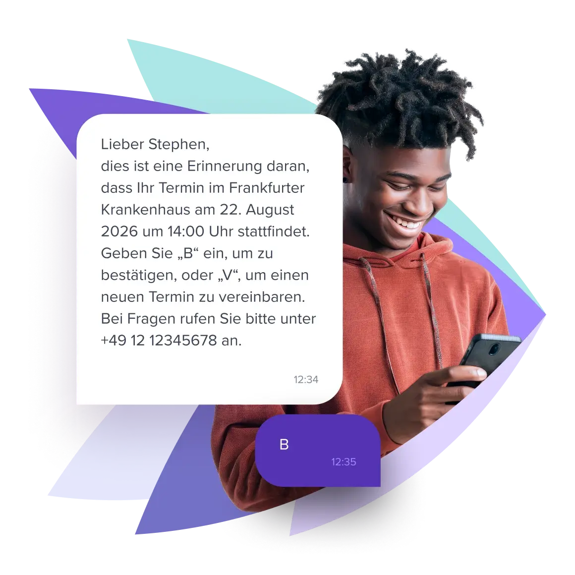 Mann liest SMS-Erinnerung f&uuml;r einen Krankenhaus-Termin auf seinem Smartphone.