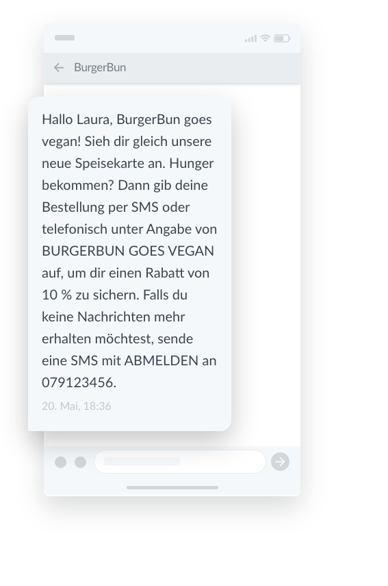 Werbenachricht von BurgerBun bewirbt vegane Speisekarte und Rabattcode per SMS.
