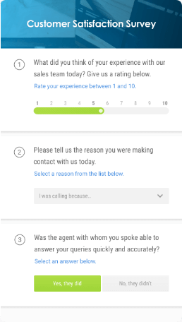 Screenshot of a customer satisfaction survey with slider buttons